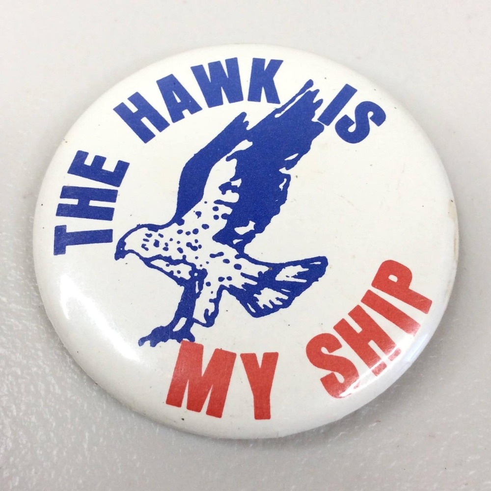 Vintage 1970s US Navy "The Hawk is My Ship" Button Lapel Pin USS Kitty Hawk